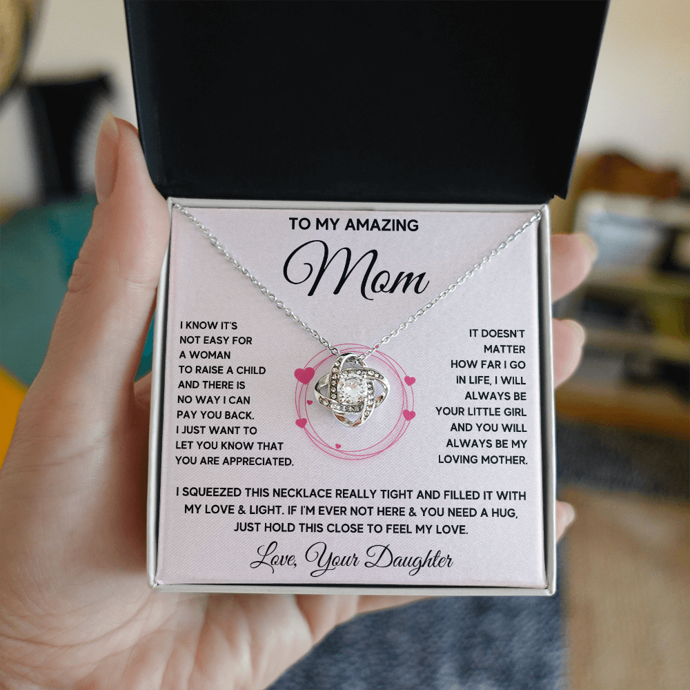 Mother birthday gift from daughter on Mothers Day Heart Pendant Love Knot Necklace I Love You Mom Gifts with Message Card and Gift Box - ON CLOUD NINE GIFTS