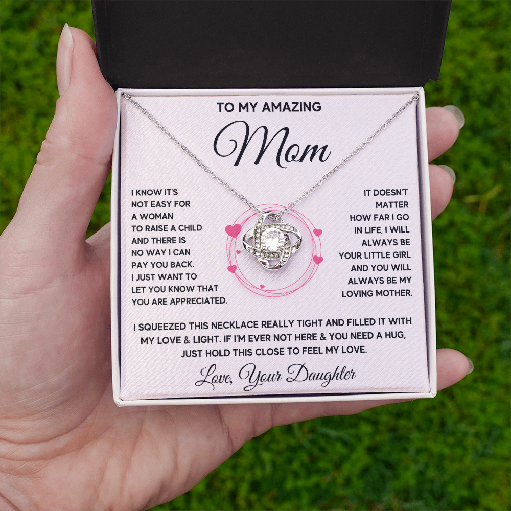 Mother birthday gift from daughter on Mothers Day Heart Pendant Love Knot Necklace I Love You Mom Gifts with Message Card and Gift Box - ON CLOUD NINE GIFTS