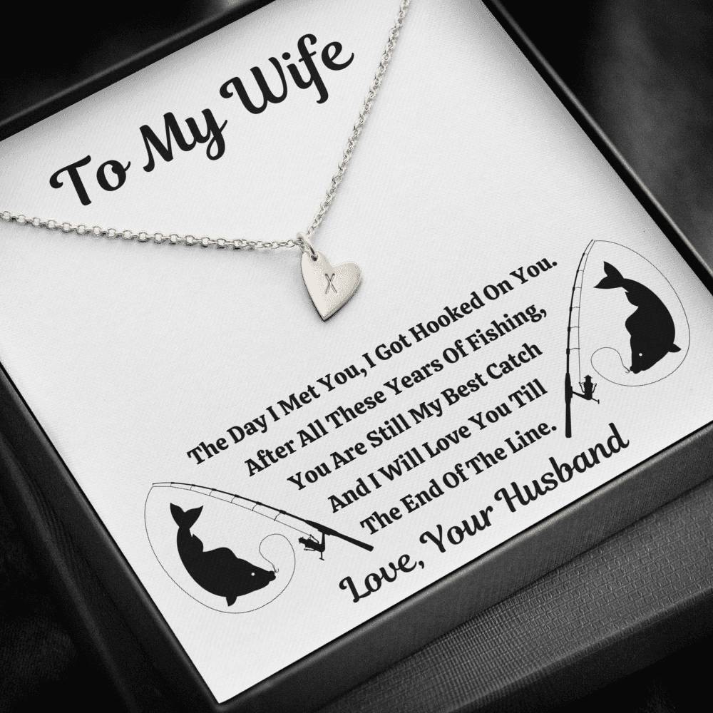 TO MY WIFE "FISHING" CUSTOM NAME INITIALS ENGRAVING HEARTS NECKLACE GIFT SET - ON CLOUD NINE GIFTS