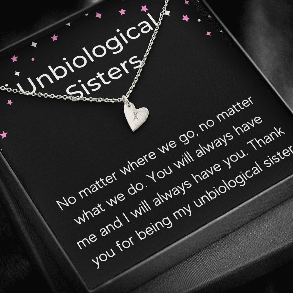 UNBIOLOGICAL SISTERS "NO MATTER WHERE WE GO" CUSTOM NAME INITIALS ENGRAVING HEARTS NECKLACE GIFT SET - ON CLOUD NINE GIFTS