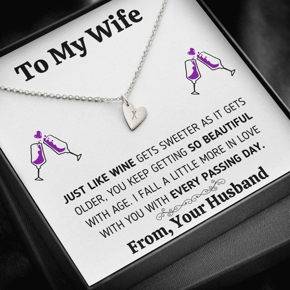 TO MY WIFE "JUST LIKE WINE" CUSTOM NAME INITIALS ENGRAVING HEARTS NECKLACE GIFT SET - ON CLOUD NINE GIFTS