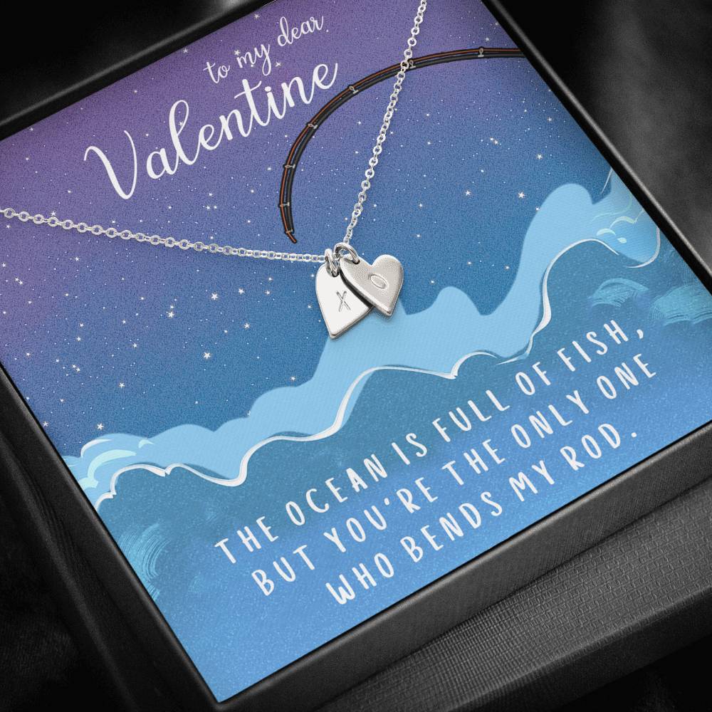 TO MY DEAR VALENTINE "FISH" CUSTOM NAME INITIALS ENGRAVING HEARTS NECKLACE GIFT SET - ON CLOUD NINE GIFTS