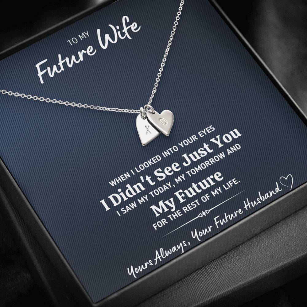 TO MY FUTURE WIFE "LOOKED INTO YOUR EYES" CUSTOM NAME INITIALS ENGRAVING HEARTS NECKLACE GIFT SET - ON CLOUD NINE GIFTS