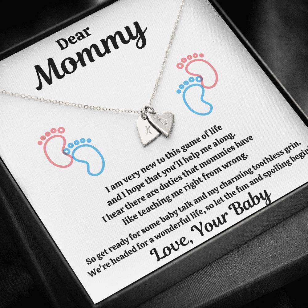 DEAR MOMMY "SPOILING BABY-FEET WHITE" CUSTOM NAME INITIALS ENGRAVING HEARTS NECKLACE GIFT SET - ON CLOUD NINE GIFTS
