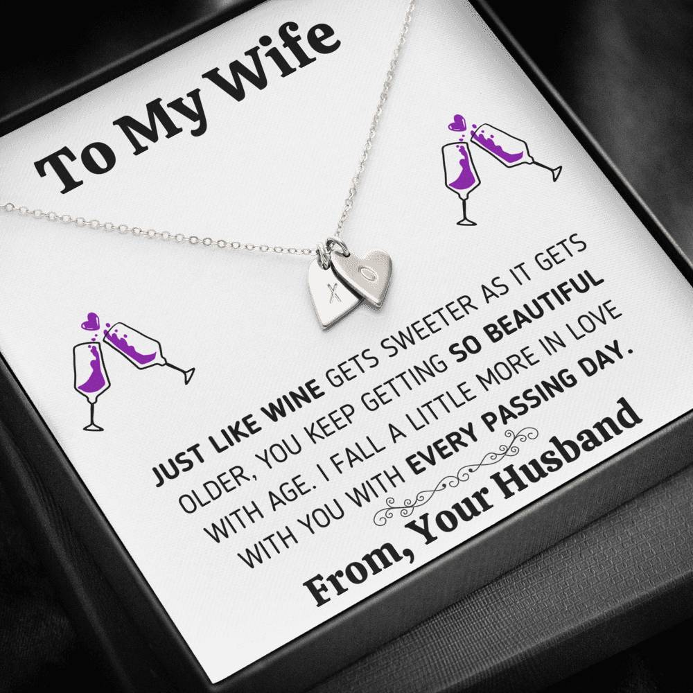 TO MY WIFE "JUST LIKE WINE" CUSTOM NAME INITIALS ENGRAVING HEARTS NECKLACE GIFT SET - ON CLOUD NINE GIFTS