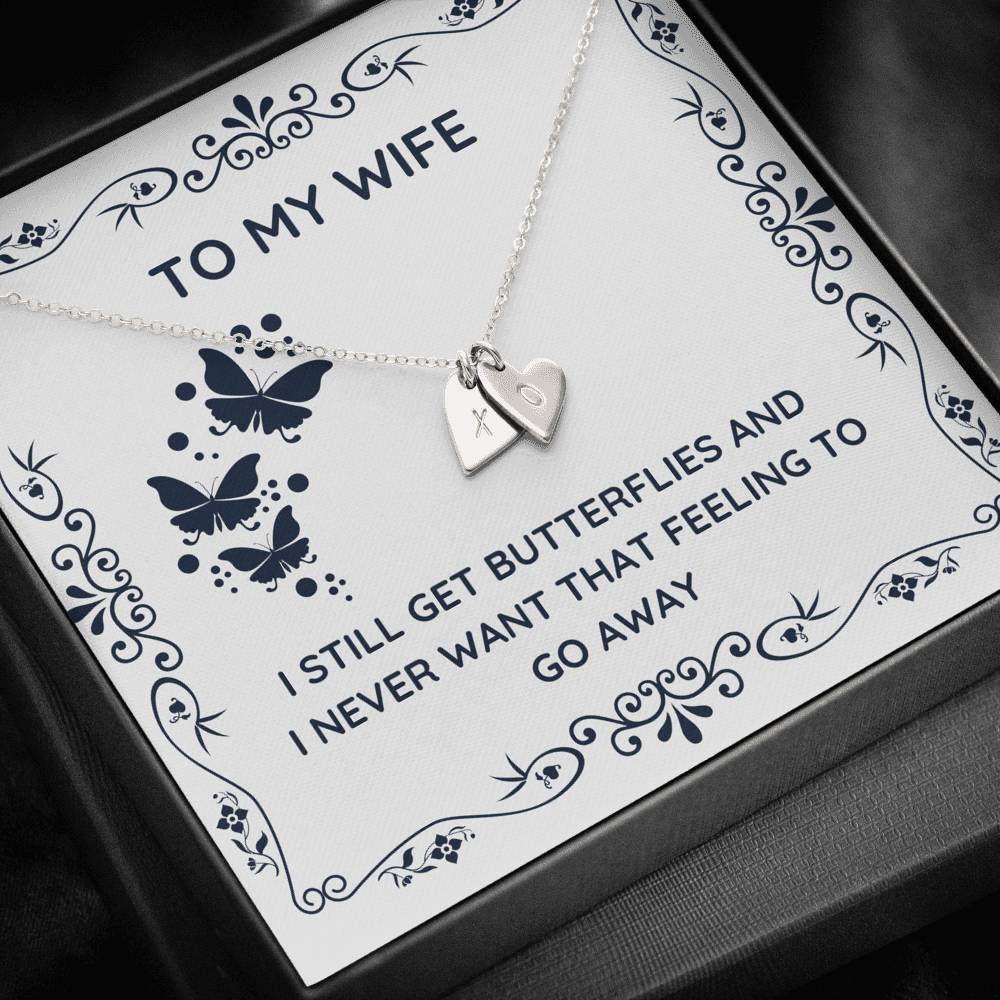 TO MY WIFE "BUTTERFLIES" CUSTOM NAME INITIALS ENGRAVING HEARTS NECKLACE GIFT SET - ON CLOUD NINE GIFTS