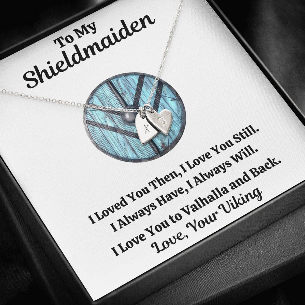 TO MY SHIELDMAIDEN "ALWAYS WILL - BLUE" CUSTOM NAME INITIALS ENGRAVING HEARTS NECKLACE GIFT SET - ON CLOUD NINE GIFTS