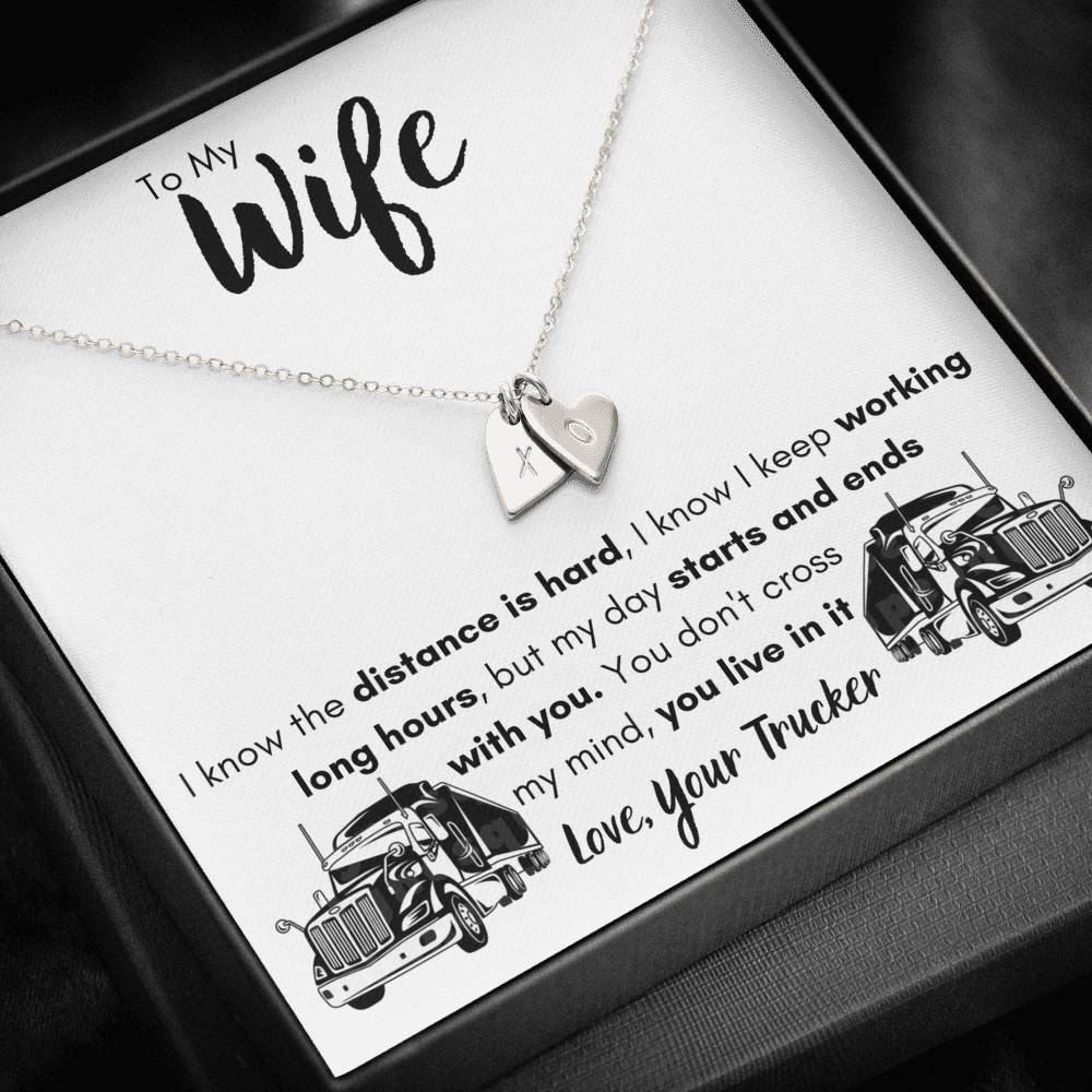 TO MY WIFE "LOVE, YOUR TRUCKER" CUSTOM NAME INITIALS ENGRAVING HEARTS NECKLACE GIFT SET - ON CLOUD NINE GIFTS