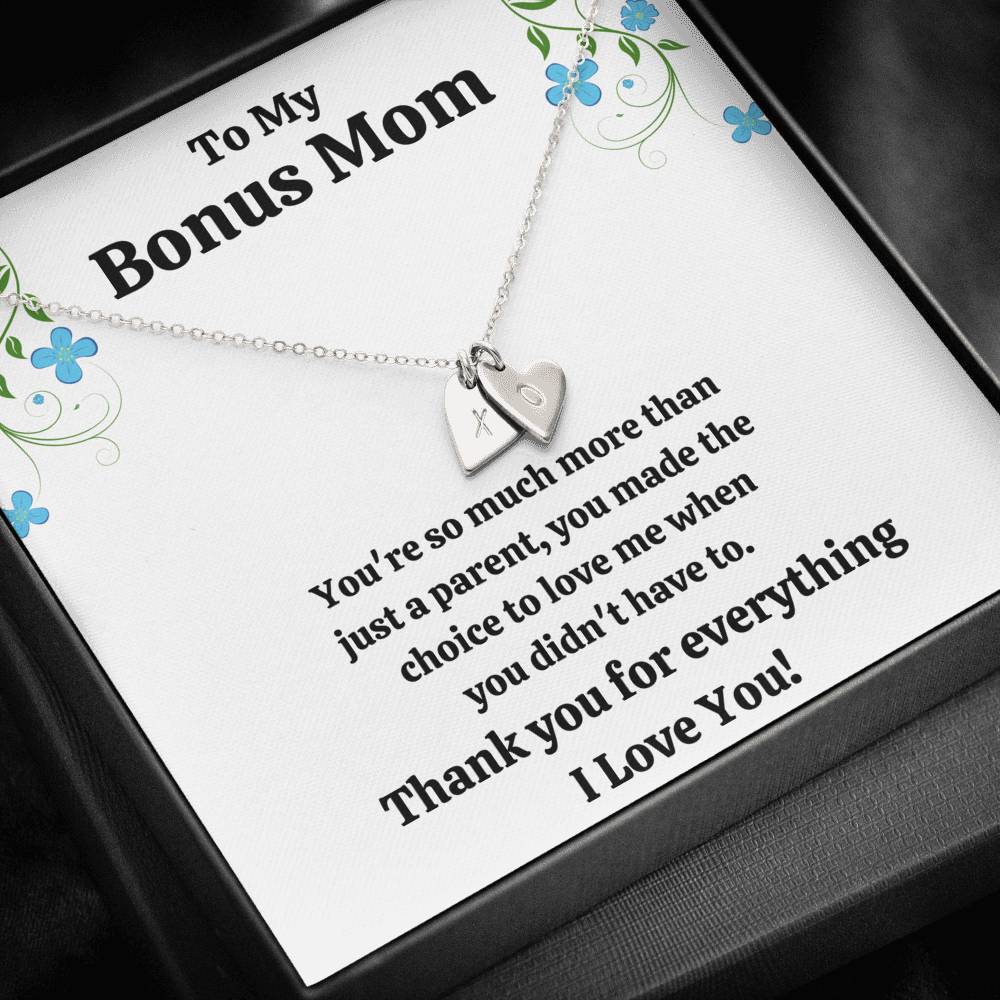 TO MY BONUS MOM "CHOICE TO LOVE ME" CUSTOM NAME INITIALS ENGRAVING HEARTS NECKLACE GIFT SET - ON CLOUD NINE GIFTS