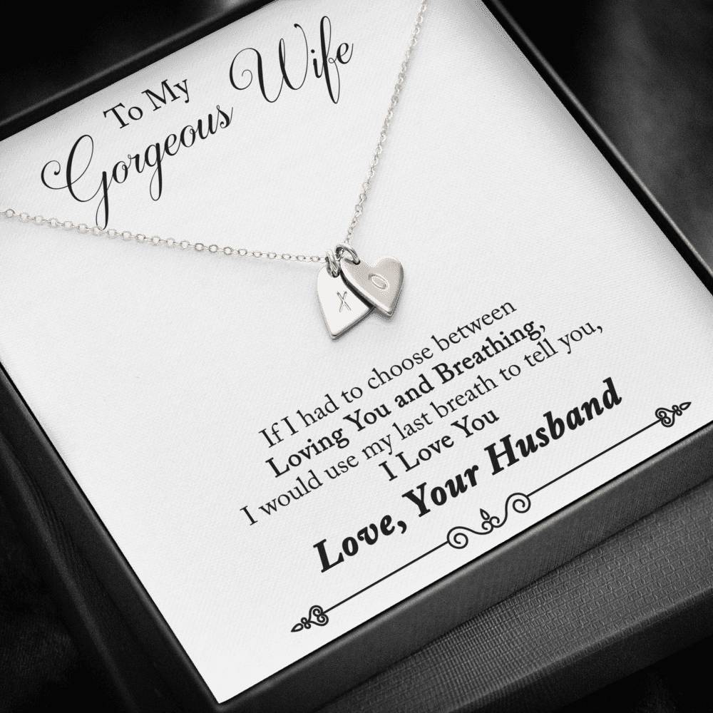 TO MY GORGEOUS WIFE "BREATHING - SO" CUSTOM NAME INITIALS ENGRAVING HEARTS NECKLACE GIFT SET - ON CLOUD NINE GIFTS