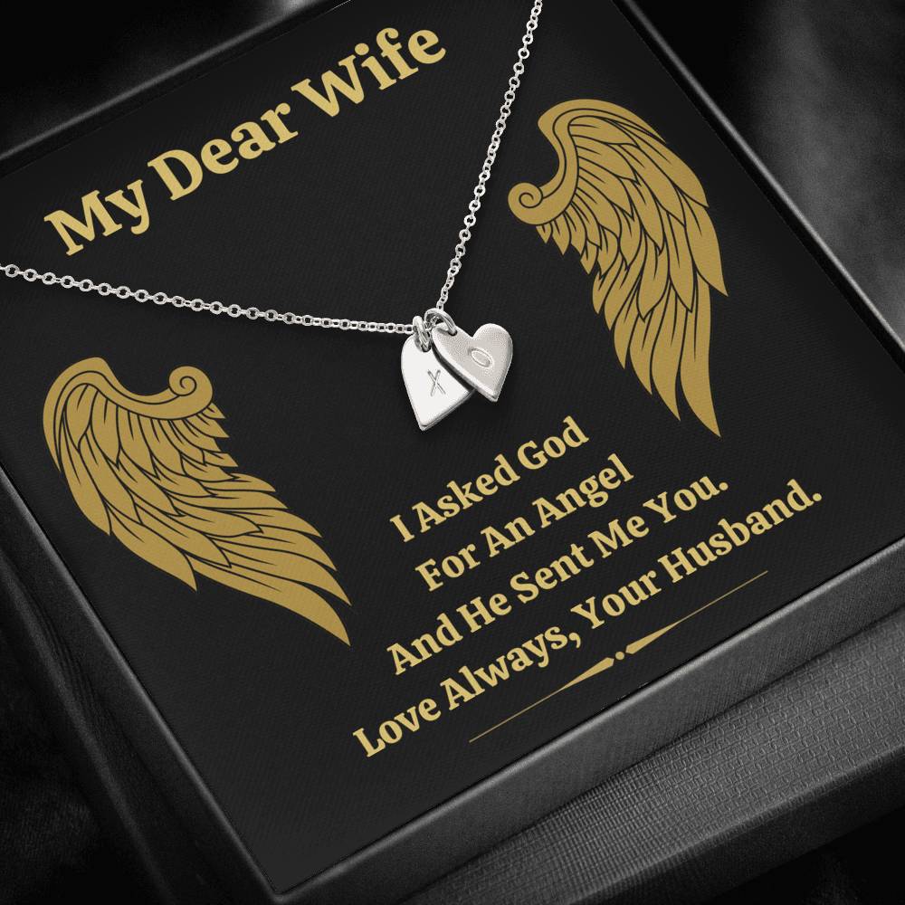 DEAR WIFE "ANGEL" CUSTOM NAME INITIALS ENGRAVING HEARTS NECKLACE GIFT SET - ON CLOUD NINE GIFTS