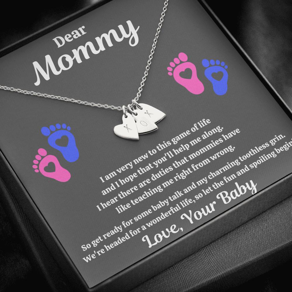 DEAR MOMMY "SPOILING HEART-FEET" CUSTOM NAME INITIALS ENGRAVING HEARTS NECKLACE GIFT SET - ON CLOUD NINE GIFTS