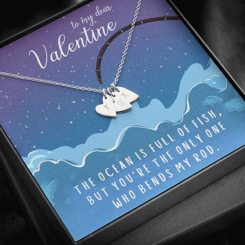 TO MY DEAR VALENTINE "FISH" CUSTOM NAME INITIALS ENGRAVING HEARTS NECKLACE GIFT SET - ON CLOUD NINE GIFTS