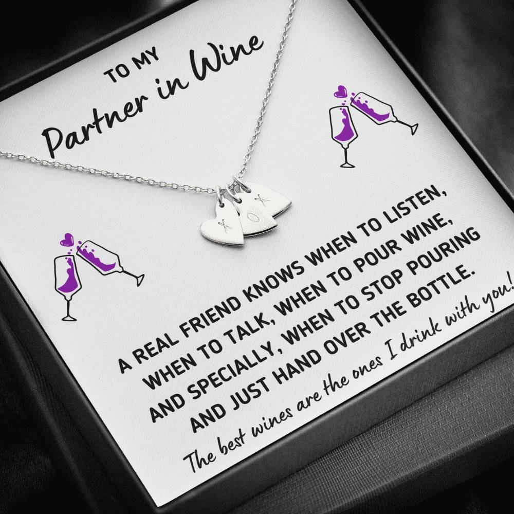 TO MY PARTNER IN WINE "HAND OVER THE BOTTLE" CUSTOM NAME INITIALS ENGRAVING HEARTS NECKLACE GIFT SET - ON CLOUD NINE GIFTS