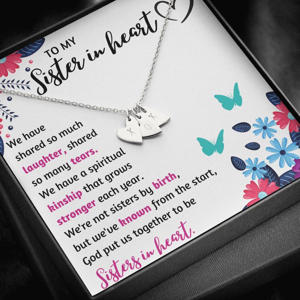 TO MY SISTER IN HEART CUSTOM NAME INITIALS ENGRAVING HEARTS NECKLACE GIFT SET - ON CLOUD NINE GIFTS