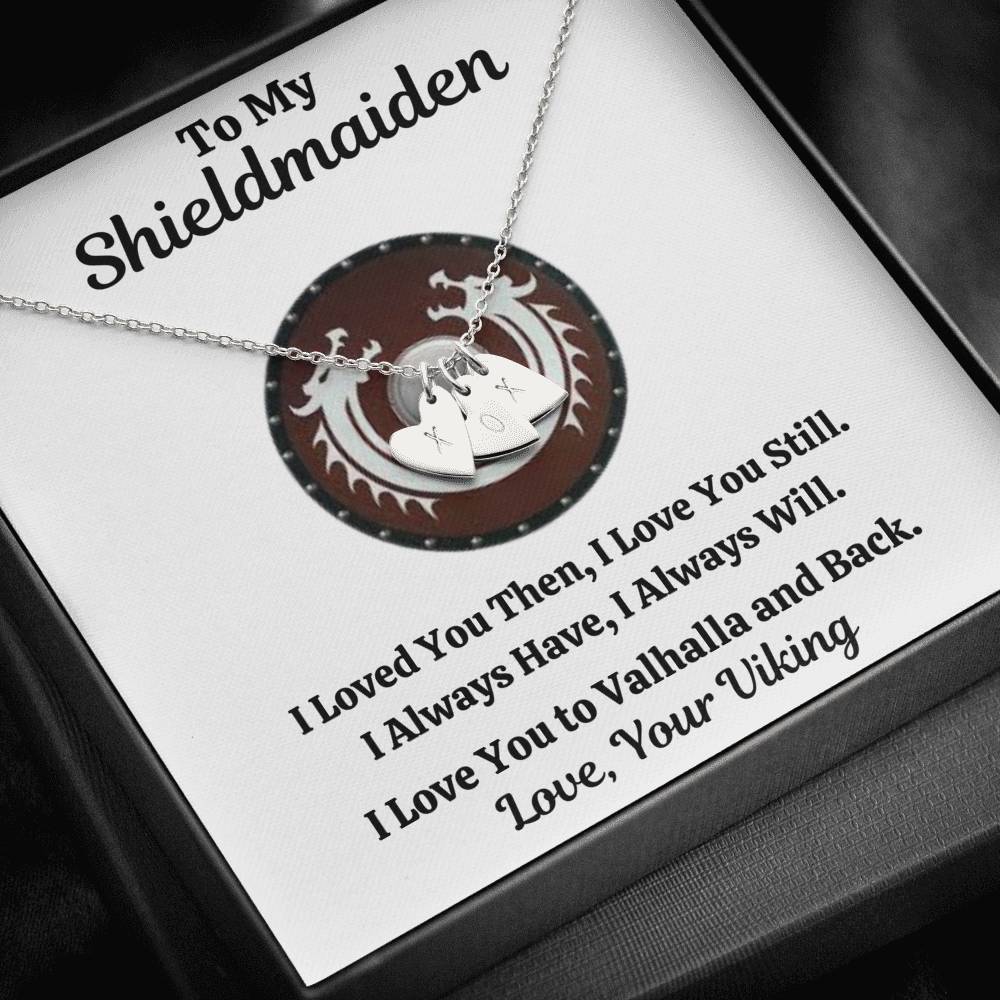 TO MY SHIELDMAIDEN "ALWAYS WILL - RED" CUSTOM NAME INITIALS ENGRAVING HEARTS NECKLACE GIFT SET - ON CLOUD NINE GIFTS