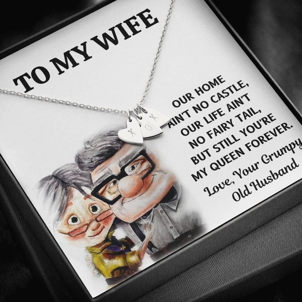 TO MY WIFE "CASTLE - UP" CUSTOM NAME INITIALS ENGRAVING HEARTS NECKLACE GIFT SET - ON CLOUD NINE GIFTS