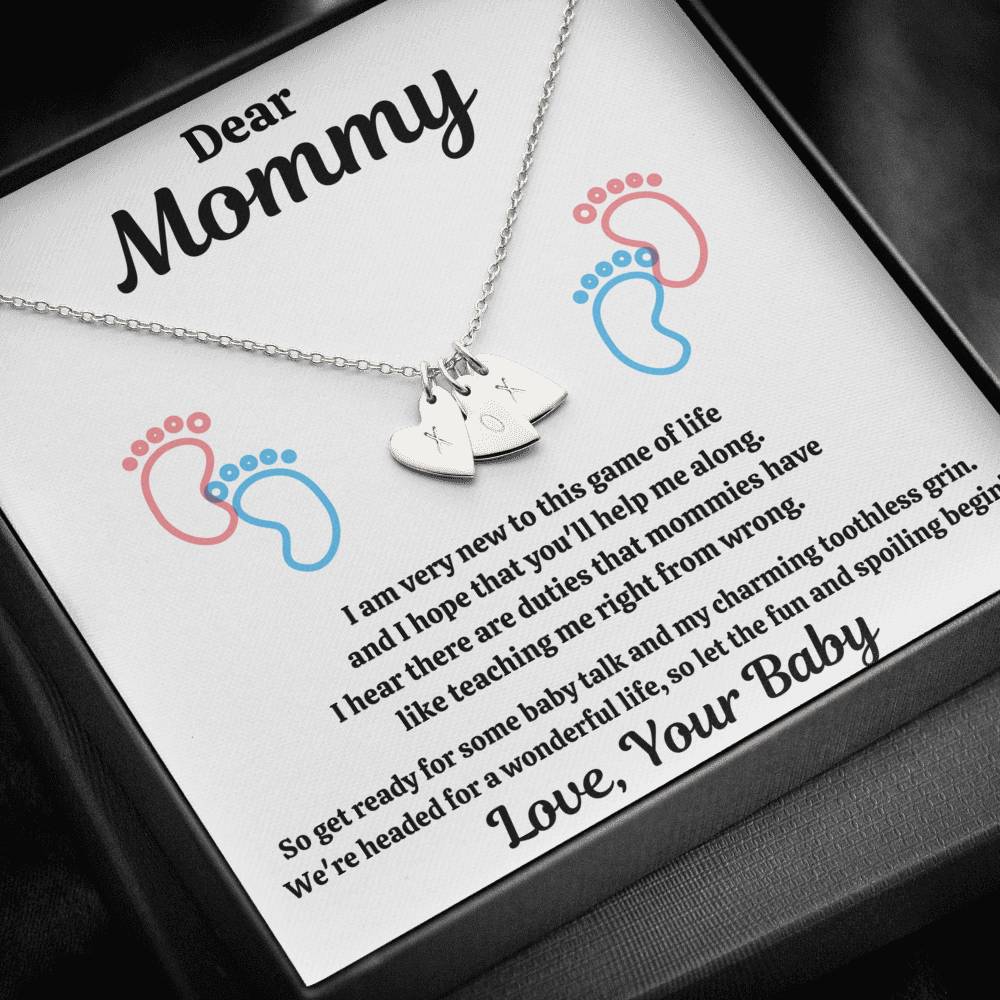 DEAR MOMMY "SPOILING BABY-FEET WHITE" CUSTOM NAME INITIALS ENGRAVING HEARTS NECKLACE GIFT SET - ON CLOUD NINE GIFTS