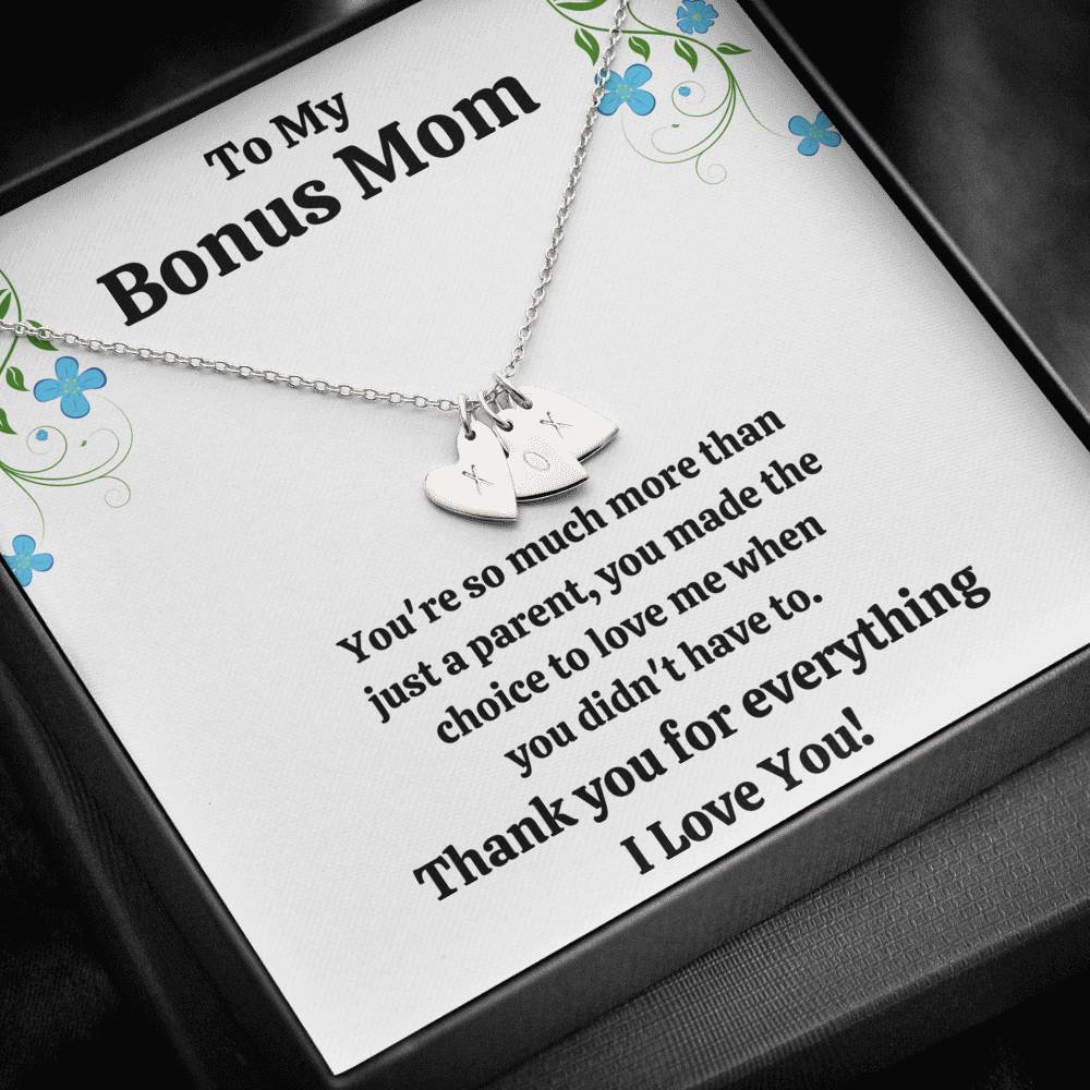 TO MY BONUS MOM "CHOICE TO LOVE ME" CUSTOM NAME INITIALS ENGRAVING HEARTS NECKLACE GIFT SET - ON CLOUD NINE GIFTS