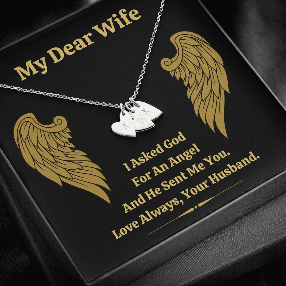 DEAR WIFE "ANGEL" CUSTOM NAME INITIALS ENGRAVING HEARTS NECKLACE GIFT SET - ON CLOUD NINE GIFTS