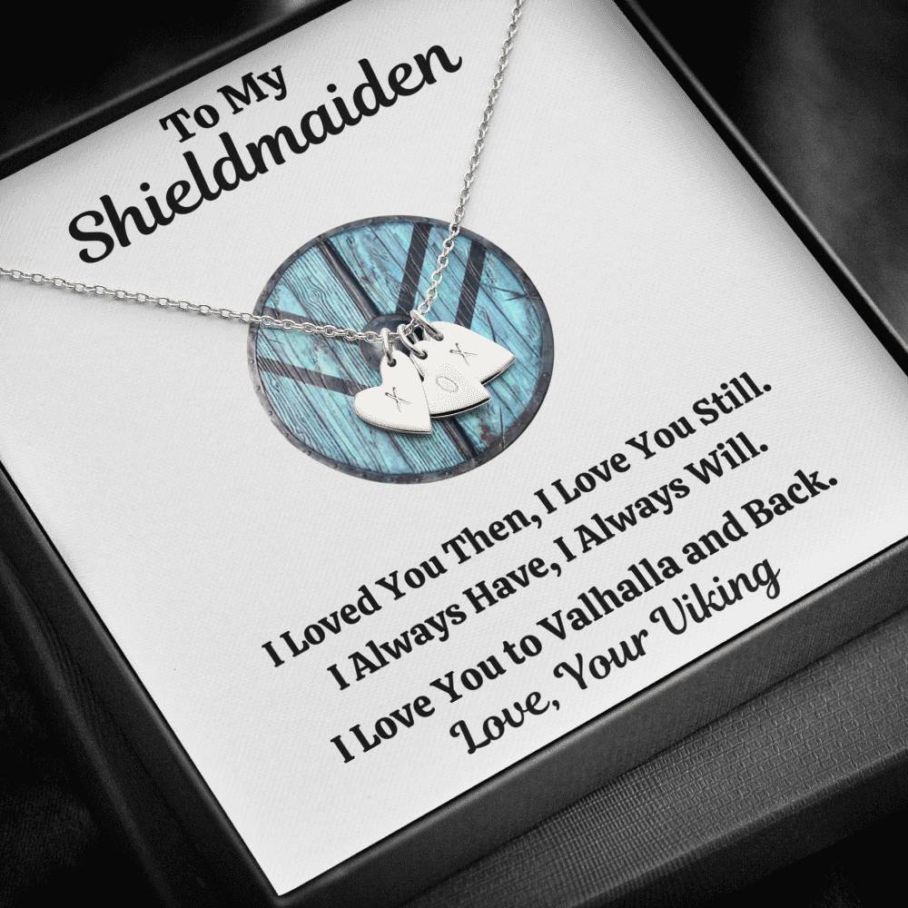 TO MY SHIELDMAIDEN "ALWAYS WILL - BLUE" CUSTOM NAME INITIALS ENGRAVING HEARTS NECKLACE GIFT SET - ON CLOUD NINE GIFTS