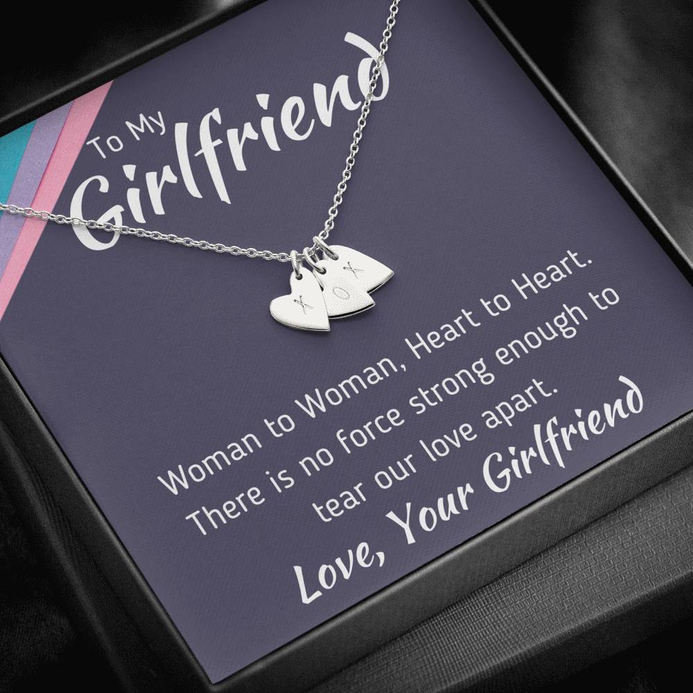 TO MY GIRLFRIEND "WOMAN TO WOMAN" CUSTOM NAME INITIALS ENGRAVING HEARTS NECKLACE GIFT SET - ON CLOUD NINE GIFTS