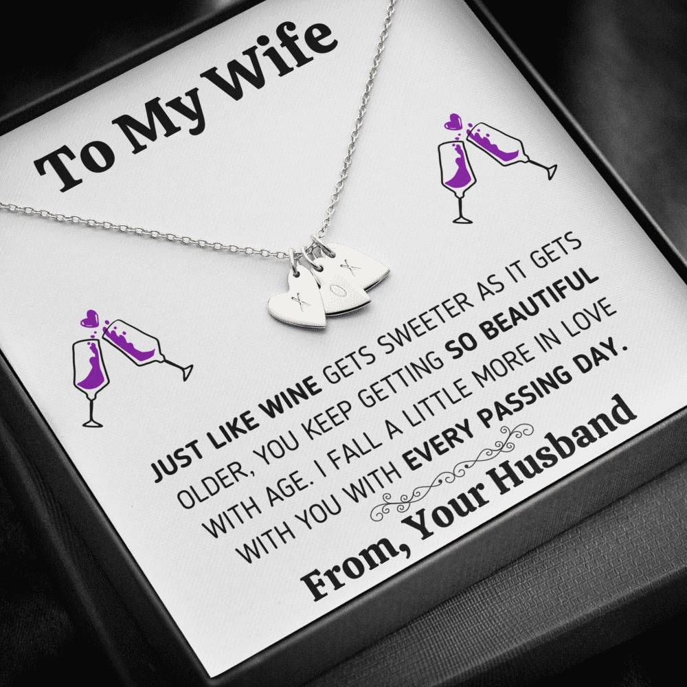 TO MY WIFE "JUST LIKE WINE" CUSTOM NAME INITIALS ENGRAVING HEARTS NECKLACE GIFT SET - ON CLOUD NINE GIFTS