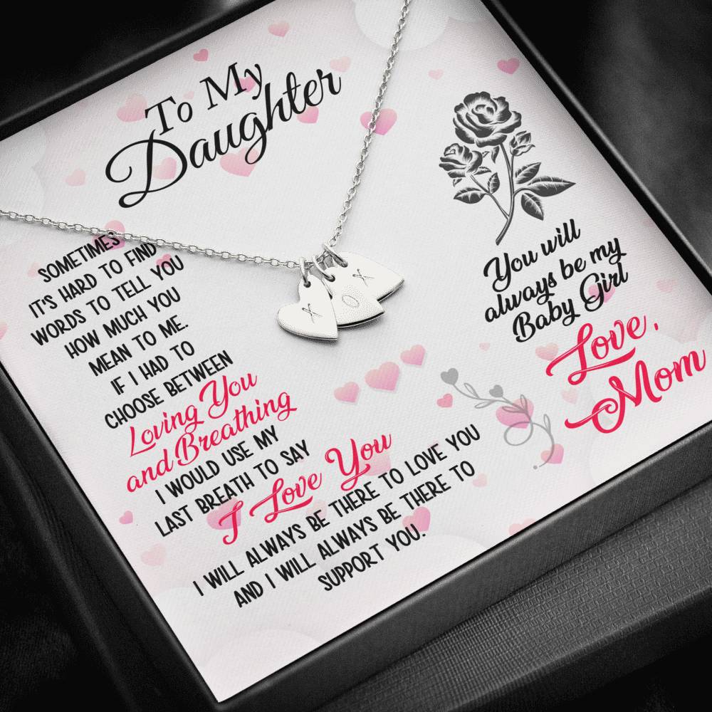 TO MY DAUGHTER "BREATHING" CUSTOM NAME INITIALS ENGRAVING HEARTS NECKLACE GIFT SET - ON CLOUD NINE GIFTS