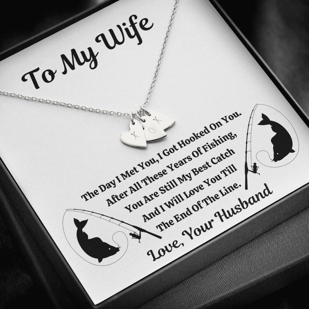 TO MY WIFE "FISHING" CUSTOM NAME INITIALS ENGRAVING HEARTS NECKLACE GIFT SET - ON CLOUD NINE GIFTS