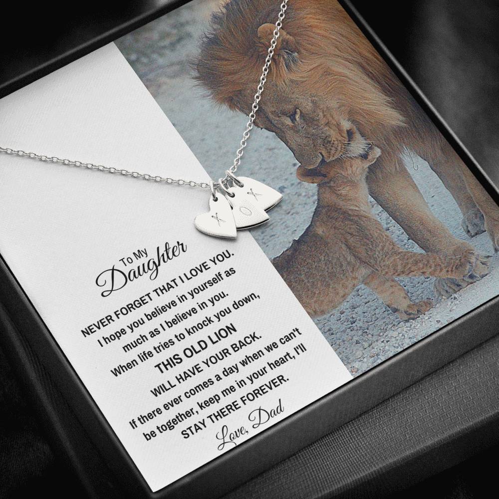 TO MY DAUGHTER "THIS OLD LION" CUSTOM NAME INITIALS ENGRAVING HEARTS NECKLACE GIFT SET - ON CLOUD NINE GIFTS
