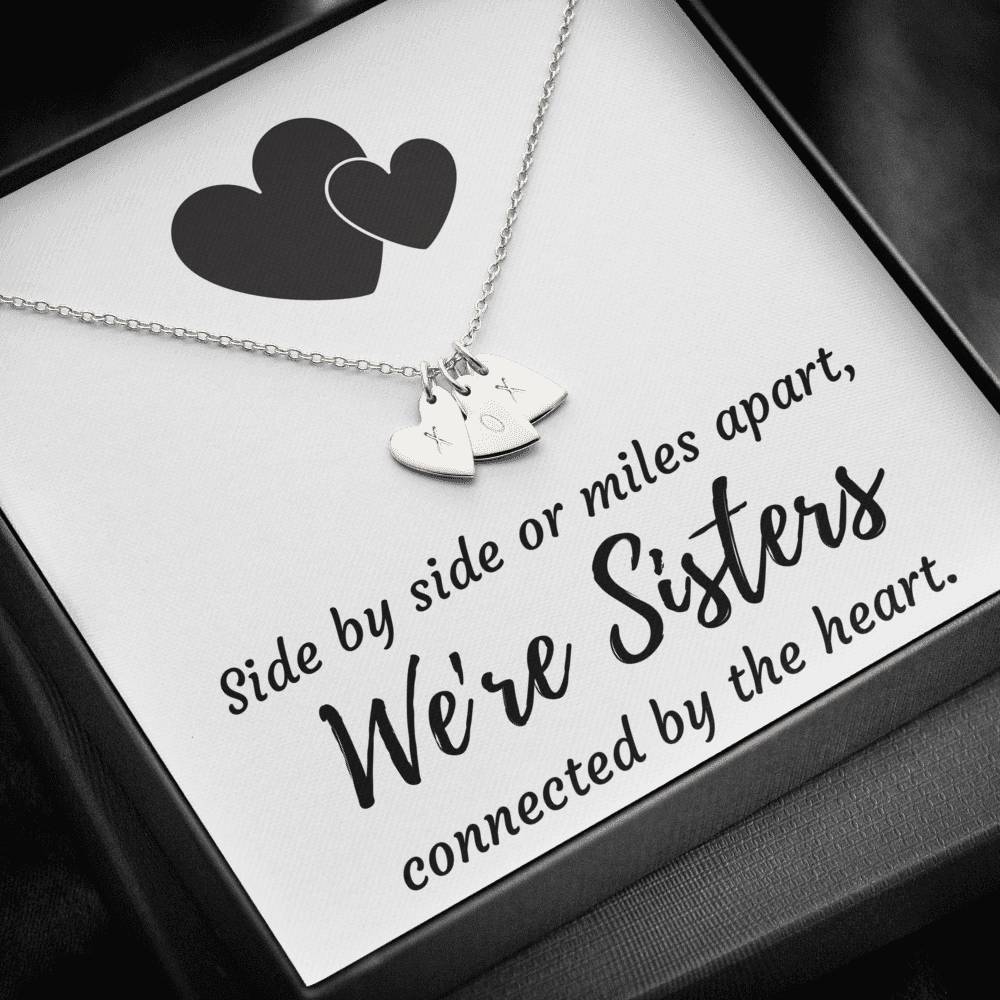 SISTERS CONNECTED BY THE HEART CUSTOM NAME INITIALS ENGRAVING HEARTS NECKLACE GIFT SET - ON CLOUD NINE GIFTS