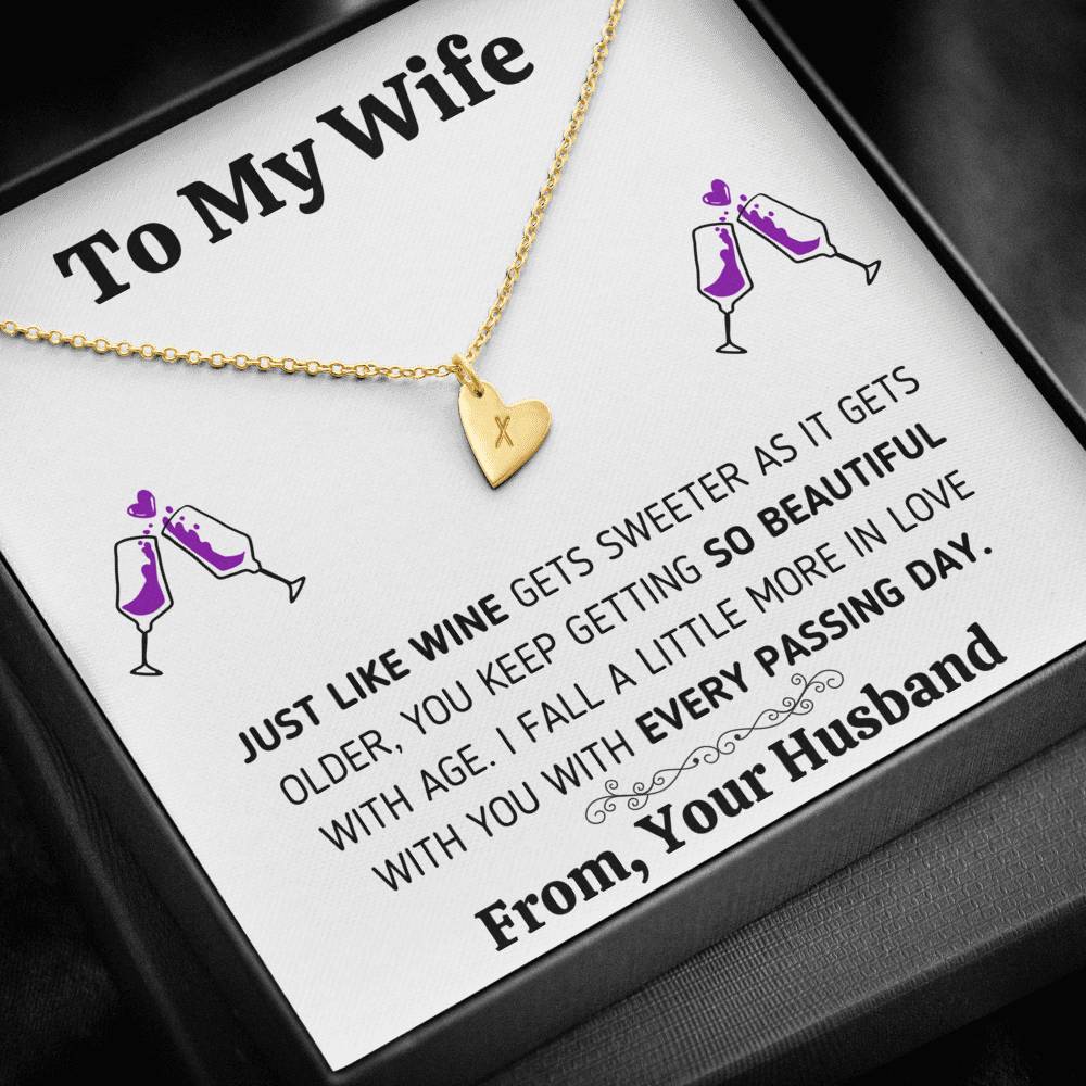 TO MY WIFE "JUST LIKE WINE" CUSTOM NAME INITIALS ENGRAVING HEARTS NECKLACE GIFT SET - ON CLOUD NINE GIFTS