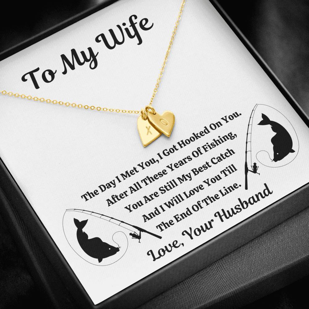 TO MY WIFE "FISHING" CUSTOM NAME INITIALS ENGRAVING HEARTS NECKLACE GIFT SET - ON CLOUD NINE GIFTS