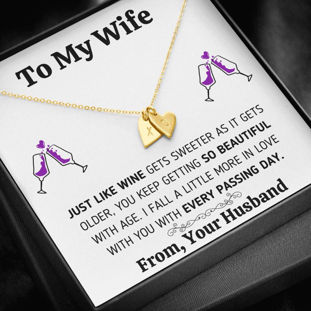 TO MY WIFE "JUST LIKE WINE" CUSTOM NAME INITIALS ENGRAVING HEARTS NECKLACE GIFT SET - ON CLOUD NINE GIFTS