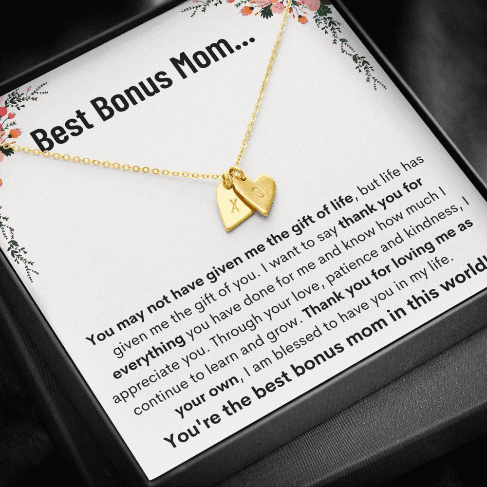 BEST BONUS MOM "LEARN AND GROW" CUSTOM NAME INITIALS ENGRAVING HEARTS NECKLACE GIFT SET - ON CLOUD NINE GIFTS