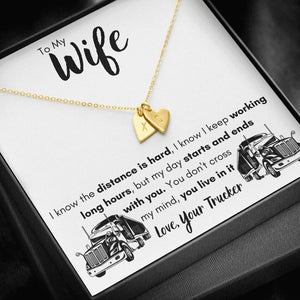 TO MY WIFE "LOVE, YOUR TRUCKER" CUSTOM NAME INITIALS ENGRAVING HEARTS NECKLACE GIFT SET - ON CLOUD NINE GIFTS