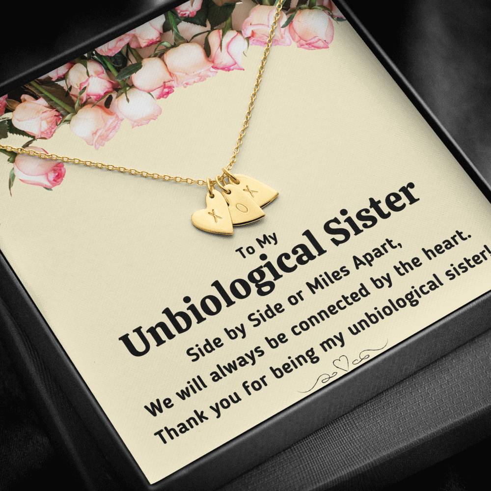 TO MY UNBIOLOGICAL SISTER "CONNECTED BY THE HEART" CUSTOM NAME INITIALS ENGRAVING HEARTS NECKLACE GIFT SET - ON CLOUD NINE GIFTS