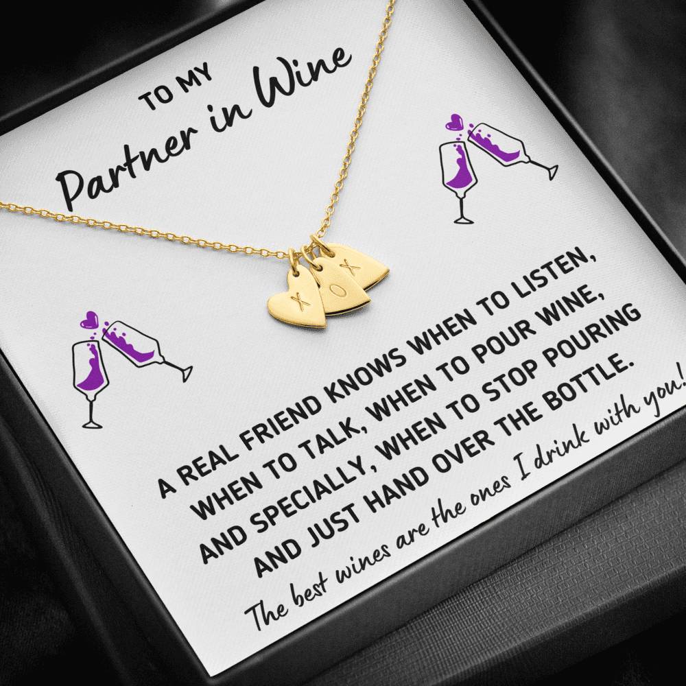 TO MY PARTNER IN WINE "HAND OVER THE BOTTLE" CUSTOM NAME INITIALS ENGRAVING HEARTS NECKLACE GIFT SET - ON CLOUD NINE GIFTS
