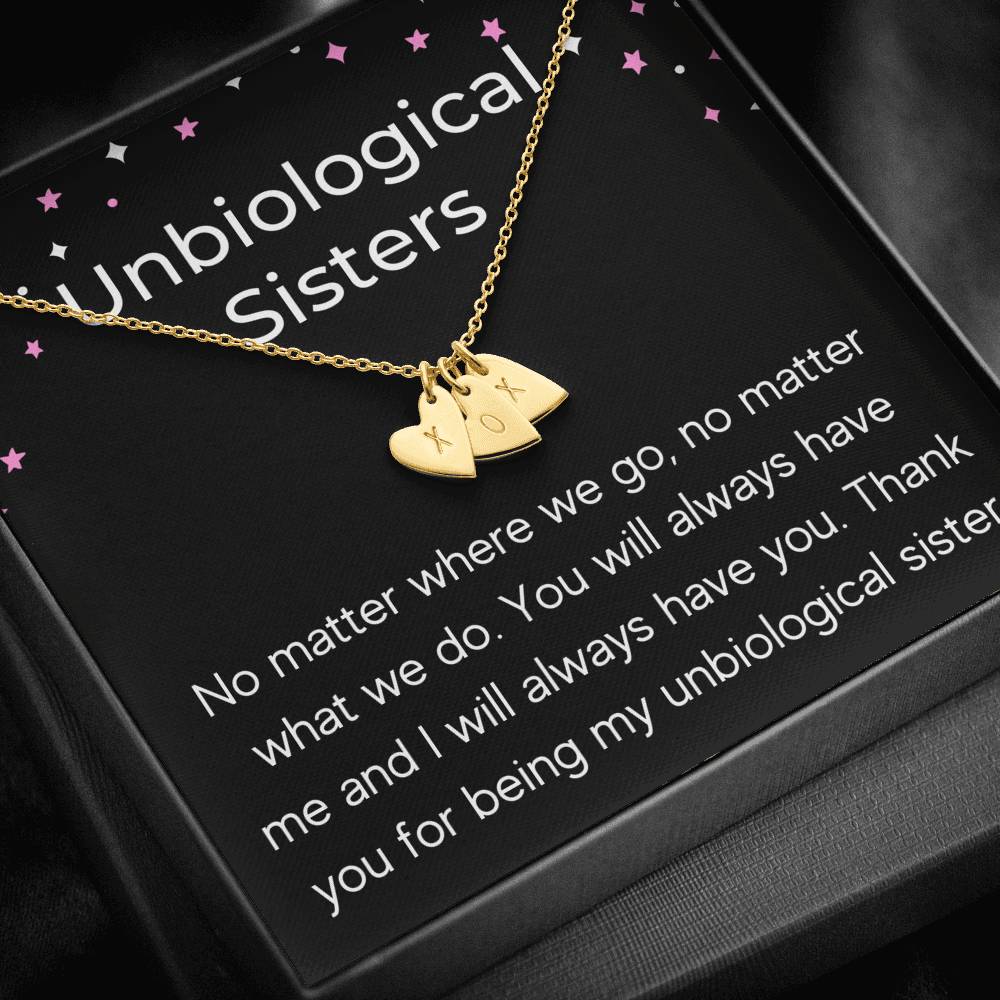 UNBIOLOGICAL SISTERS "NO MATTER WHERE WE GO" CUSTOM NAME INITIALS ENGRAVING HEARTS NECKLACE GIFT SET - ON CLOUD NINE GIFTS