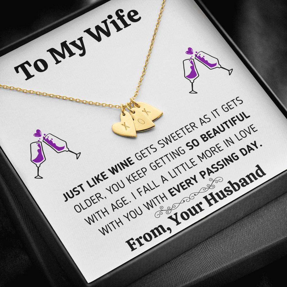 TO MY WIFE "JUST LIKE WINE" CUSTOM NAME INITIALS ENGRAVING HEARTS NECKLACE GIFT SET - ON CLOUD NINE GIFTS