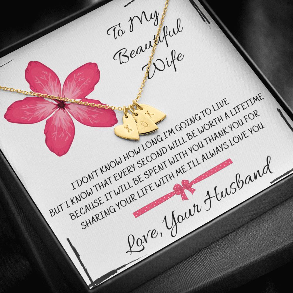TO MY BEAUTIFUL WIFE "EVERY SECOND" CUSTOM NAME INITIALS ENGRAVING HEARTS NECKLACE GIFT SET - ON CLOUD NINE GIFTS