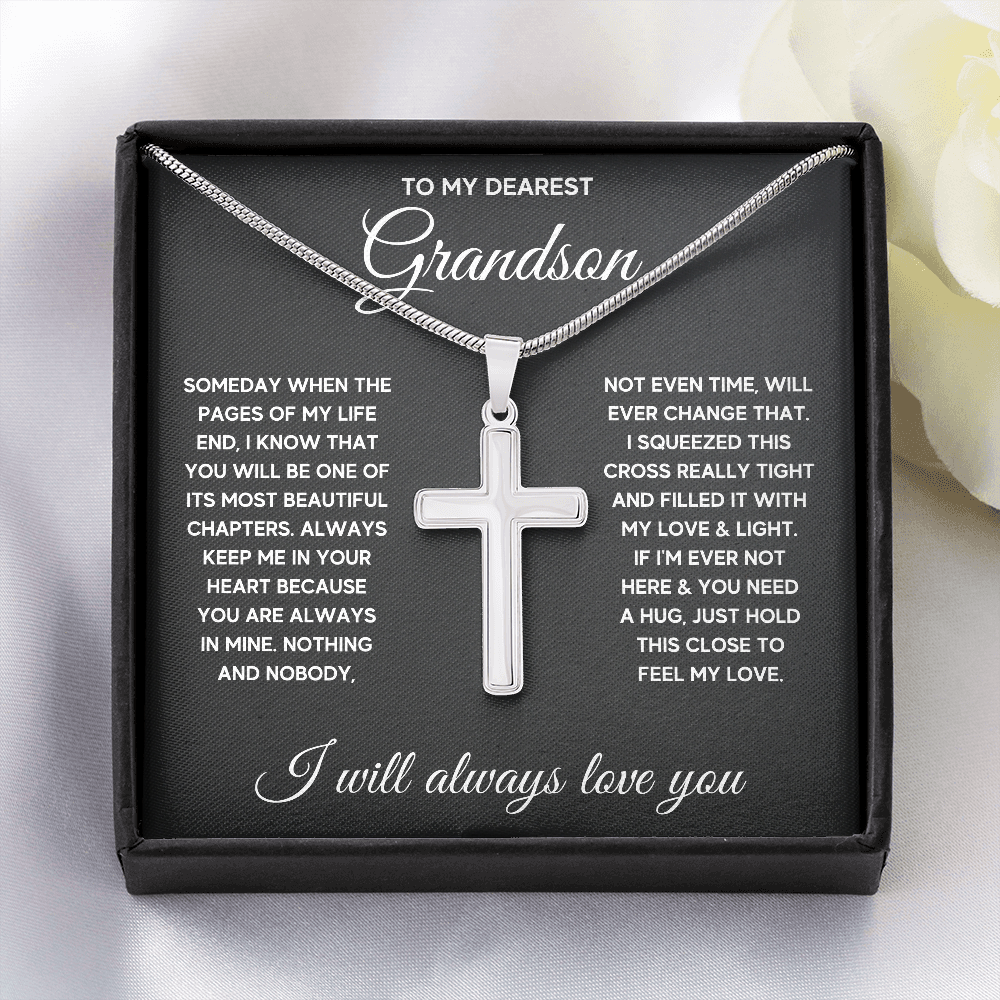 TO MY GRANDSON CHAPTERS SQUEEZED CROSS NECKLACE GIFT SET - ON CLOUD NINE GIFTS