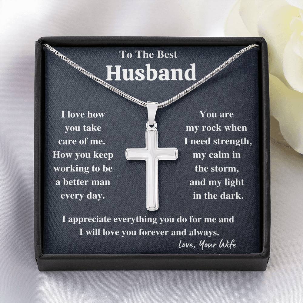 TO THE BEST HUSBAND "MY LIGHT IN THE DARK" ARTISAN CRAFTED CROSS NECKLACE GIFT SET - ON CLOUD NINE GIFTS