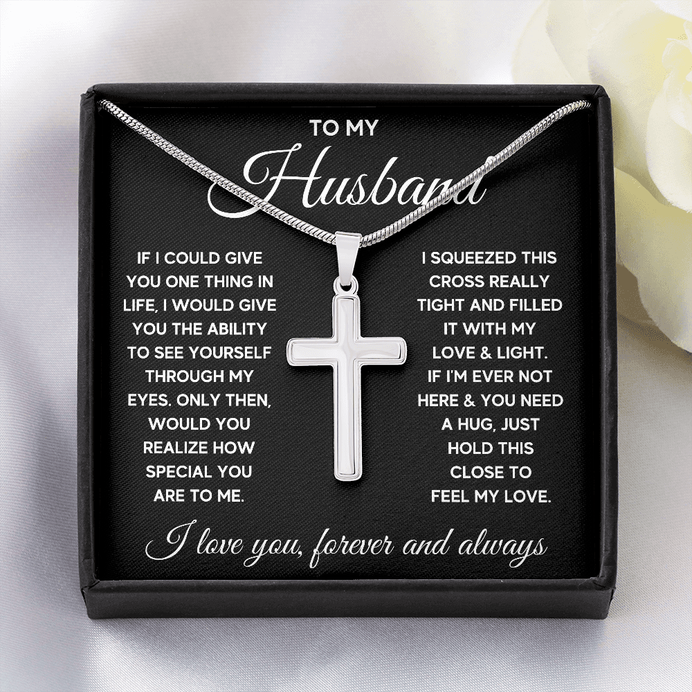 TO MY HUSBAND EYES SQUEEZED CROSS NECKLACE GIFT SET - ON CLOUD NINE GIFTS