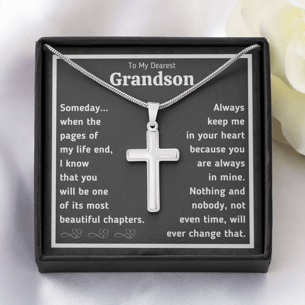 TO MY DEAREST GRANDSON "BEAUTIFUL CHAPTERS" ARTISAN CRAFTED CROSS NECKLACE GIFT SET - ON CLOUD NINE GIFTS