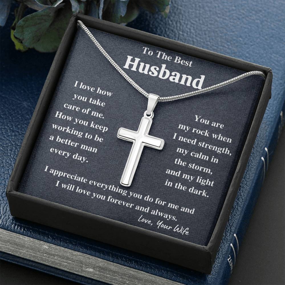 TO THE BEST HUSBAND "MY LIGHT IN THE DARK" ARTISAN CRAFTED CROSS NECKLACE GIFT SET - ON CLOUD NINE GIFTS