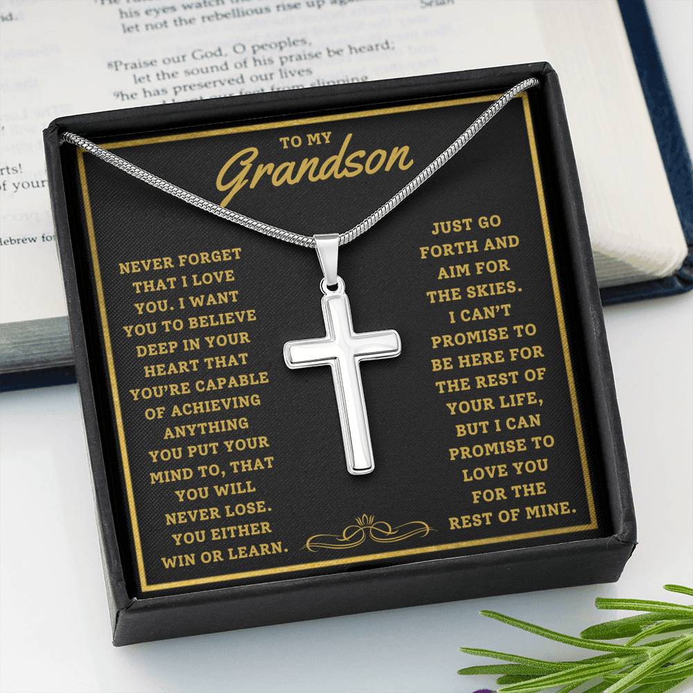 TO MY GRANDSON "AIM FOR THE SKIES" ARTISAN CROSS NECKLACE GIFT SET - ON CLOUD NINE GIFTS