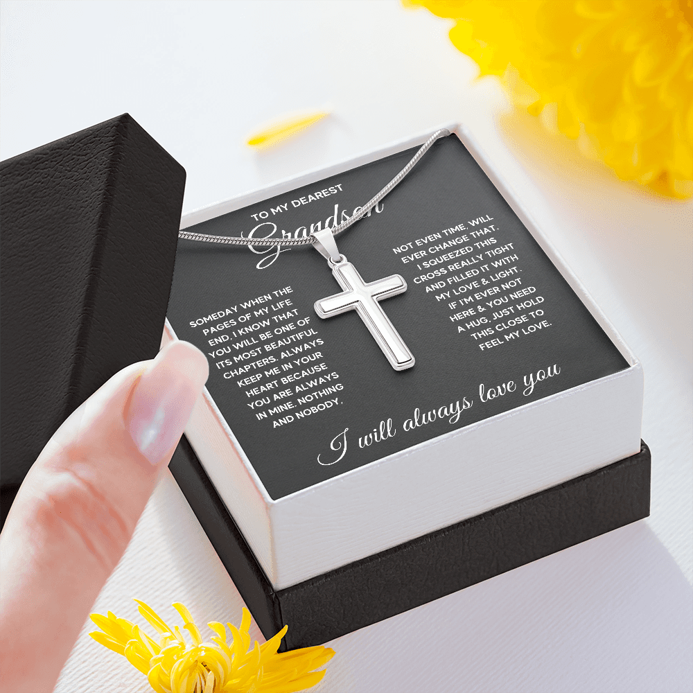 TO MY GRANDSON CHAPTERS SQUEEZED CROSS NECKLACE GIFT SET - ON CLOUD NINE GIFTS