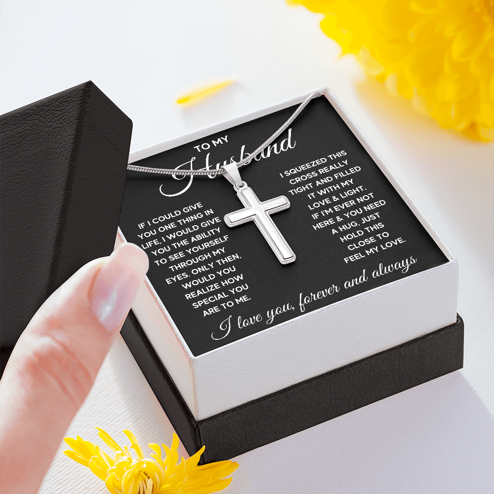 TO MY HUSBAND EYES SQUEEZED CROSS NECKLACE GIFT SET - ON CLOUD NINE GIFTS