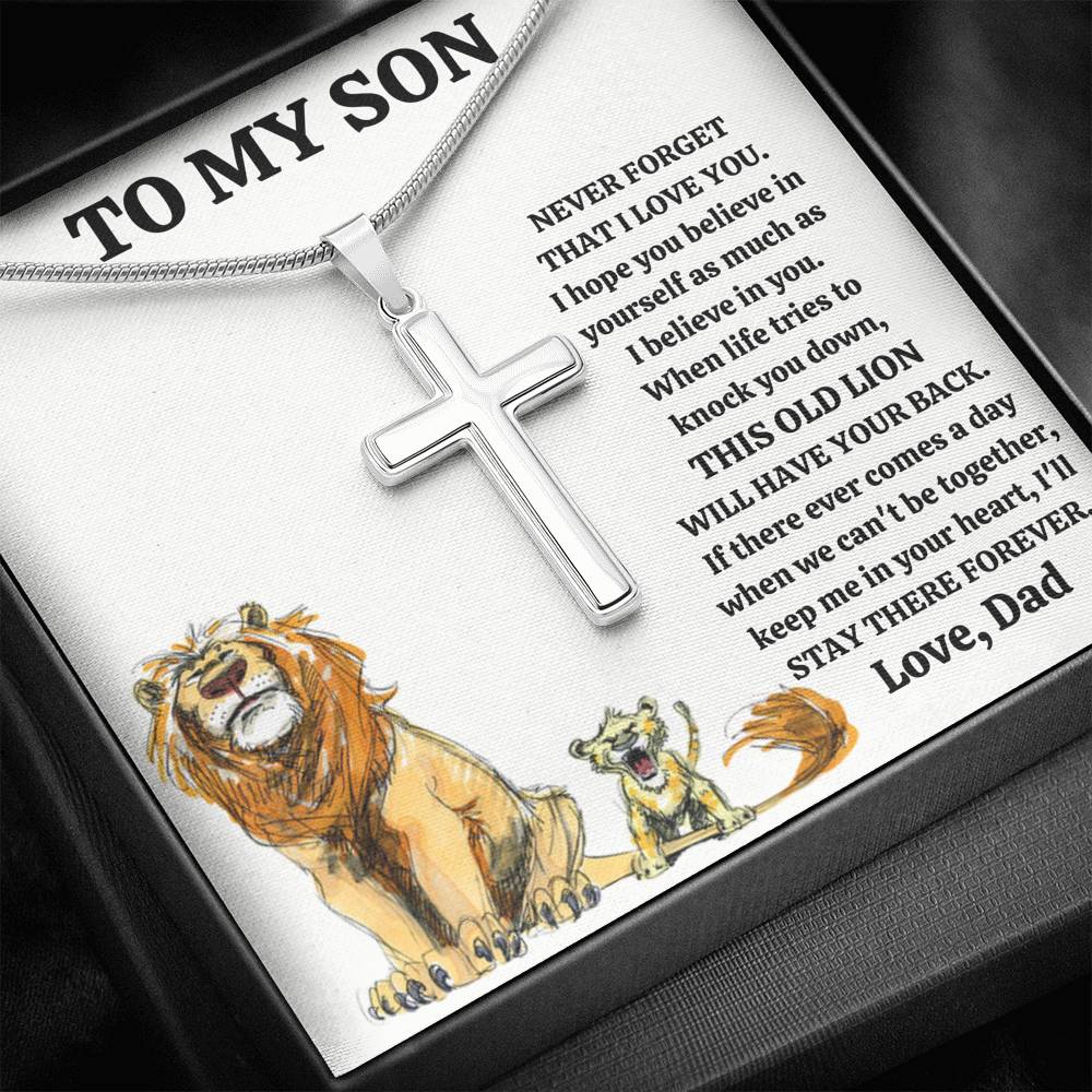 TO MY SON "THIS OLD LION - DRAWING" CROSS NECKLACE GIFT SET - ON CLOUD NINE GIFTS